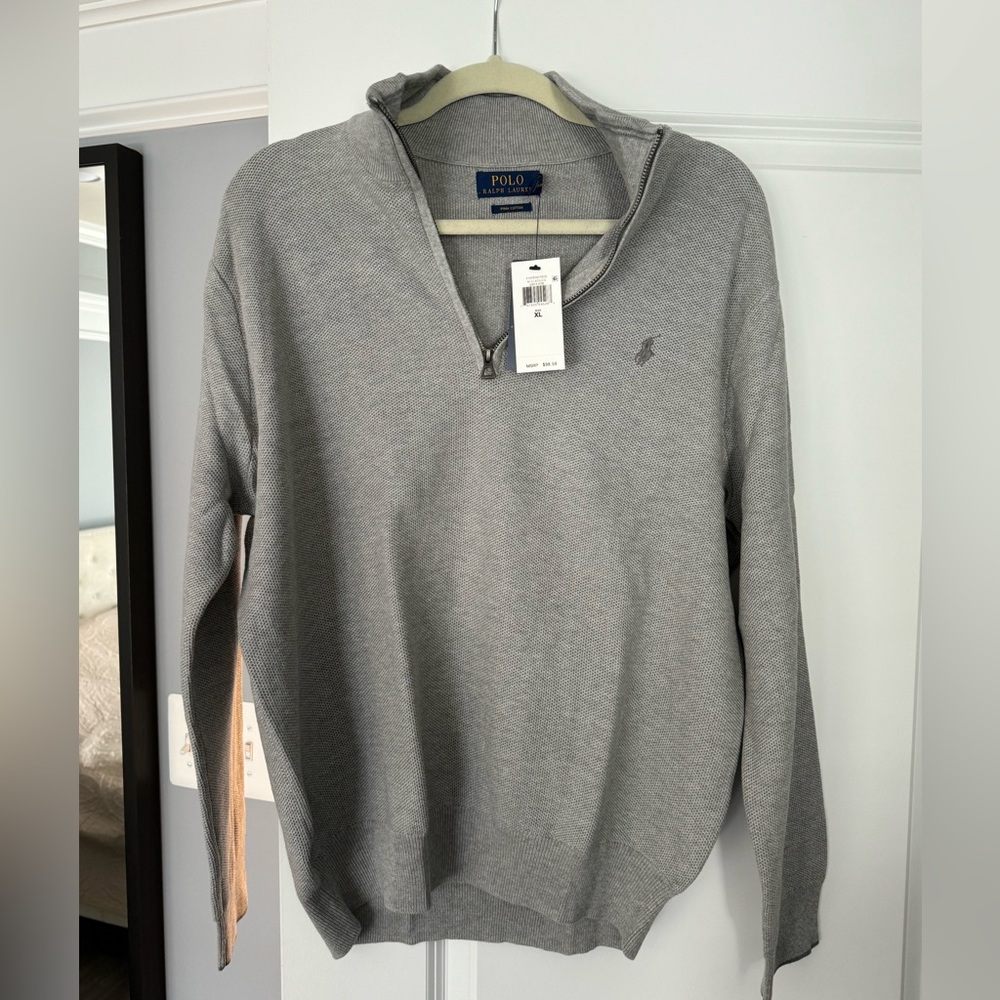 POLO RALPH LAUREN PIMA COTTON 1/4 ZIP PULLOVER SWEATER GREY HTR